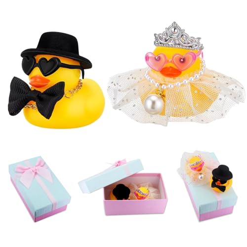 2er-Set Quietscheenten Braut und Bräutigam,Lustige Hochzeitsgeschenke für Brautpaar,Hochzeitspaar Figuren Klein mit Karte & Bogen Geschenkbox für Zeremonie, Geschenk, Souvenir herzerwärmendes von MWRWRR