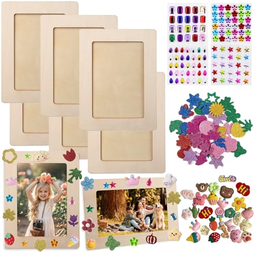 Bilderrahmen Holz Set zum Bemalen 6 Stück,Holzrahmen Holzbilderrahmen zum Bemalen, DIY Bilderrahmen Bastelset Bemalen Kinder mit 4 Glitzersteine Glitter Moosgummi Sticker 3D Aufkleber zum Basteln von MWRWRR