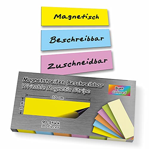 90 Stück Magnetstreifen 3x10 cm Beschreibbar Abwischbar Wiederverwendbar Zuschneidbar Magnetschilder Magnetische Etiketten Bunt Whiteboard Kühlschrank Magnettafel Präsentationskarten von MXELDN