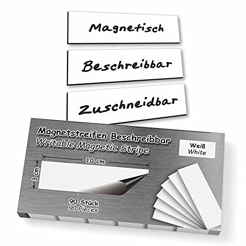 90 Stück Magnetstreifen 3x10 cm Beschreibbar Abwischbar Wiederverwendbar Zuschneidbar Magnetschilder Magnetische Etiketten Weiß Whiteboard Kühlschrank Magnettafel Präsentationskarten von MXELDN