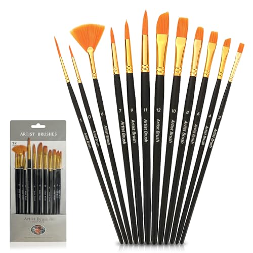 12 Stück Pinselset Acrylfarben, Professionelle Aquarellpinsel Holzgriff Acrylpinsel Nylonhaar Pinsel Acrylfarbe für Acrylfarben, Aquarelle, Öle und Gouache (Schwarz) von MXGHIR