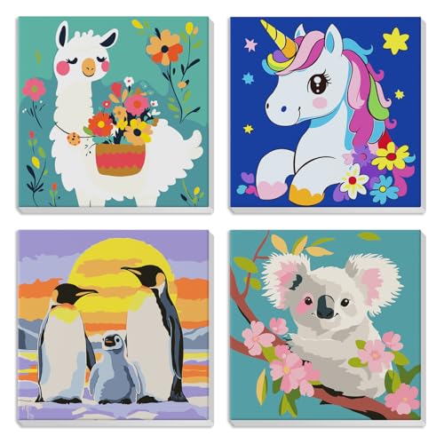 MXJSUA 4er-Pack Malen-Nach-Zahlen-Set Für Kinder Mit Rahmen, Tier-Malen-Nach-Zahlen Für Alter 6-8-12, Koala Pinguin Einhorn Alpaka Muster Auf Leinwand, Acryl-Ölfarben Für Heimwanddekoration 20x20cm MXJSUA 4er-Pack Malen-Nach-Zahlen-Set Für Kinder Mit Rahmen, Tier-Malen-Nach-Zahlen Für Alter 6-8-12, Koala Pinguin Einhorn Alpaka Muster Auf Leinwand, Acryl-Ölfarben Für Heimwanddekoration 20x20cm von MXJSUA