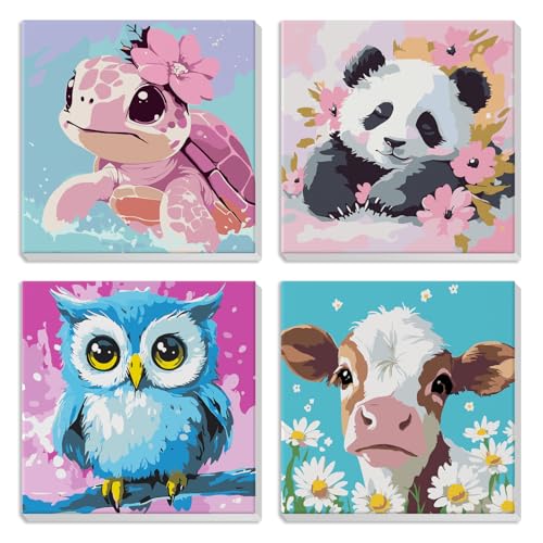 MXJSUA 4er-Pack Malen-Nach-Zahlen-Set Für Kinder Mit Rahmen, Tier-Malen-Nach-Zahlen Für Alter 6-8-12, Schildkröte Panda Eule Kuh Muster Auf Leinwand, DIY Acryl-Ölfarben Für Heimwanddekoration 20x20cm von MXJSUA