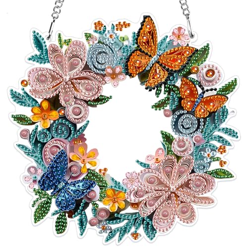 MXJSUA 5D Diamond Painting Anhänger, Blumen-Schmetterlingskranz Diamond Painting mit Kette Erwachsene, Diamant Painting Fensterbilder, Hängende Ornament Bastelset Set für Wand Und Eingang Decor MXJSUA 5D Diamond Painting Anhänger, Blumen-Schmetterlingskranz Diamond Painting mit Kette Erwachsene, Diamant Painting Fensterbilder, Hängende Ornament Bastelset Set für Wand Und Eingang Decor von MXJSUA