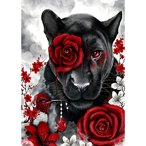 MXJSUA 5D Diamond Painting Erwachsene Tiger, 5D Diamant Painting Bilder Erwachsene, DIY Tiger Diamond Painting Bilder Diamant Malerei Tiere Set 30x40cm Rote Rosen und Schwarzer Tiger von MXJSUA