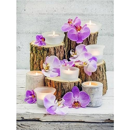 MXJSUA 5D Diamond Painting Set für Erwachsene, Lila Orchideen-Blumen-Kerze Diamant Painting Bilder als Geschenk, Diamond Painting Zubehör Kits für Home Deco (30x40cm) von MXJSUA