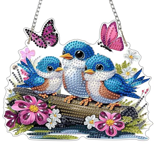 MXJSUA Blaue Vögel Diamond Painting Anhänger mit Kette Erwachsene, Diamant Painting Fensterbilder Hängende Ornament Bastelset Set für Wand Und Eingang Decor 20x20CM von MXJSUA