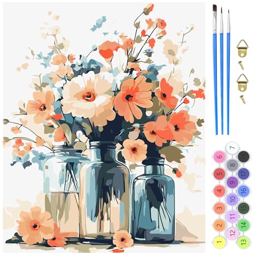 MXJSUA Blumen in Vasen Malen nach Zahlen Erwachsene, DIY Handgemalt Ölgemälde Kit 40x50cm, Paint by Numbers Adult Mit 3 Pinseln und Acrylfarbe Leinwand Kit, Geschenke und Home Haus Deko von MXJSUA