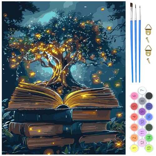 MXJSUA Bücher Traumwald Malen nach Zahlen Erwachsene, DIY Handgemalt Ölgemälde Kit 40x50cm, Paint by Numbers Adult Mit 3 Pinseln und Acrylfarbe Leinwand Kit, Geschenke und Home Haus Deko von MXJSUA