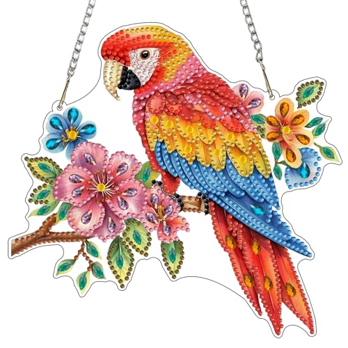 MXJSUA Bunter Papagei Diamond Painting Anhänger mit Kette Erwachsene, Diamant Painting Fensterbilder Hängende Ornament Bastelset Set für Wand Und Eingang Decor 20x20CM von MXJSUA