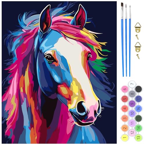 MXJSUA Buntes Pferdetier Malen nach Zahlen Erwachsene, DIY Handgemalt Ölgemälde Kit 40x50cm, Paint by Numbers Adult Mit 3 Pinseln und Acrylfarbe Leinwand Kit, Geschenke und Home Haus Deko von MXJSUA
