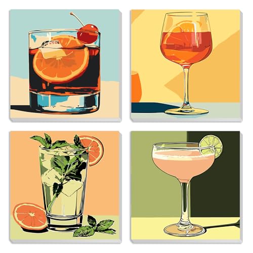 MXJSUA Cocktailglas 4er-Pack Malen-Nach-Zahlen-Set Für Kinder Mit Rahmen, Malen-Nach-Zahlen Für Alter 6-8-12, Cocktailglas Auf Leinwand, DIY Acryl-Ölfarben Für Heimwanddekoration 20x20cm von MXJSUA