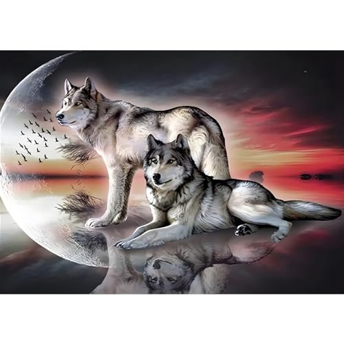 MXJSUA DIY-Diamant-Kunst-Malset für Erwachsene, Wolf-Diamant-Edelstein-Kunstfarbe mit runden Perlen, vollständiges Bohr-Malset für die Wanddekoration zu Hause, 30 x 40 cm von MXJSUA