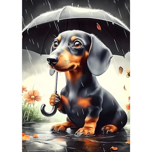 MXJSUA Dackel mit Regenschirm Diamond Painting Erwachsene, 5D Diamant Painting Bilder Anfänger, DIY Runder Vollbohrer Diamanten Malerei Stickerei Kreuzstich Geschenke Home Wand Dekor 30x40cm von MXJSUA