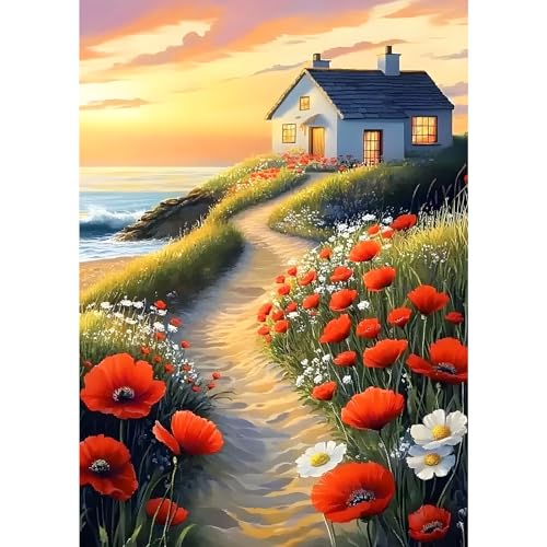 MXJSUA Diamant Painting Bilder Erwachsene Set, Blumenhaus am Strand 5D Diamond Painting Full Drill, Diamant Painting Bilder Kunsthandwerk House Wall Dekoration 30x40cm von MXJSUA