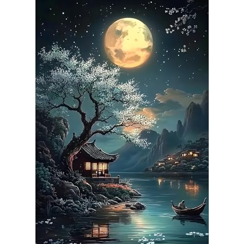 MXJSUA Diamond Painting Erwachsene, Nacht Mondfluss Diamant Painting Bilder 30x40cm 5d Diamond-Painting Geeignet Als Geschenk, Zur Entspannung und Als Wanddeko von MXJSUA