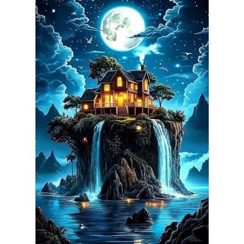 MXJSUA Diamond Painting Set, Mondinsel Haus 5D Diamant Painting Bilder 30x40 cm mit Diamond Painting Zubehör für Erwachsene, Crystal Art Wand Deko von MXJSUA