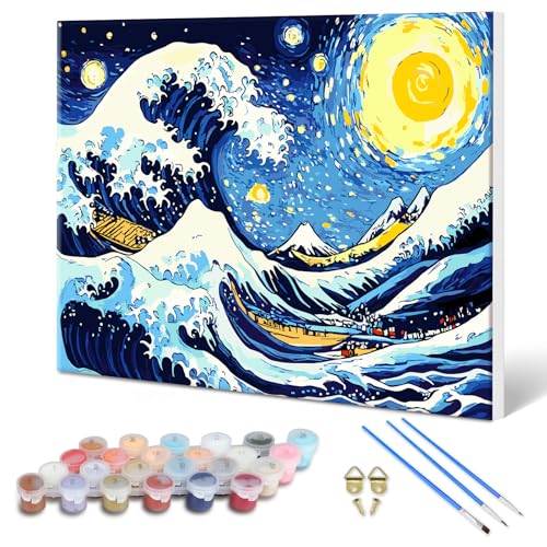 MXJSUA Große Welle Malen Nach Zahlen Erwachsene mit Rahmen, DIY Handgemälde Ölgemälde Kit für Anfänger Mit 3 Pinseln und Acrylfarbe Knitterfreie Leinwand Kit für Home Haus Deko 30x40cm von MXJSUA