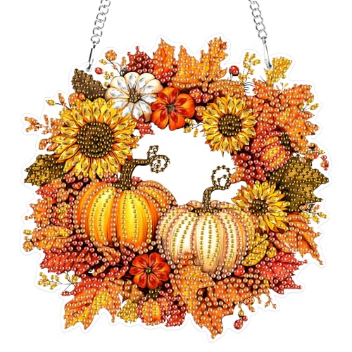 MXJSUA Halloween Kürbisse-Kranz Diamond Painting Anhänger, Diamond Painting mit Kette Erwachsene Diamant Painting Fensterbilder Hängende Ornament Bastelset Set für Wand Und Eingang Decor 19.4x19.6CM von MXJSUA