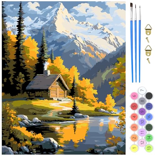 MXJSUA Hütte in den Bergen Malen nach Zahlen Erwachsene, DIY Handgemalt Ölgemälde Kit 40x50cm, Paint by Numbers Adult Mit 3 Pinseln und Acrylfarbe Leinwand Kit, Geschenke und Home Haus Deko von MXJSUA