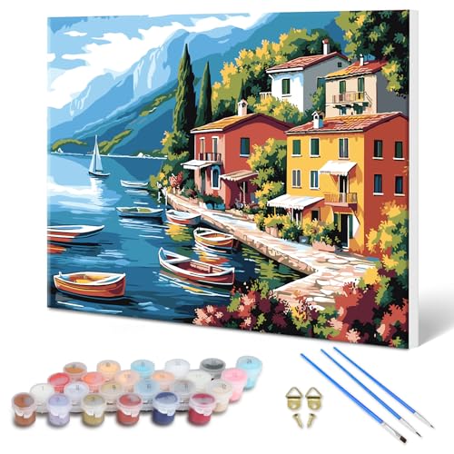 MXJSUA Italienischer See Malen Nach Zahlen Erwachsene mit Rahmen, DIY Handgemälde Ölgemälde Kit für Anfänger Mit 3 Pinseln und Acrylfarbe Knitterfreie Leinwand Kit für Home Haus Deko 30x40cm MXJSUA Italienischer See Malen Nach Zahlen Erwachsene mit Rahmen, DIY Handgemälde Ölgemälde Kit für Anfänger Mit 3 Pinseln und Acrylfarbe Knitterfreie Leinwand Kit für Home Haus Deko 30x40cm von MXJSUA