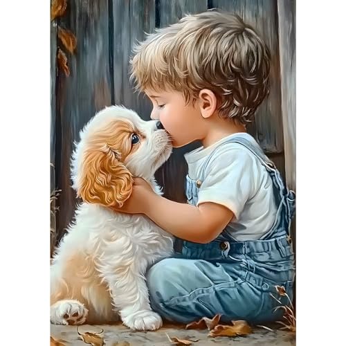 MXJSUA Junge und Welpe Diamond Painting Erwachsene, 5D Diamant Painting Bilder Anfänger, DIY Runder Vollbohrer Diamanten Malerei Stickerei Kreuzstich Geschenke Home Wand Dekor 30x40cm von MXJSUA