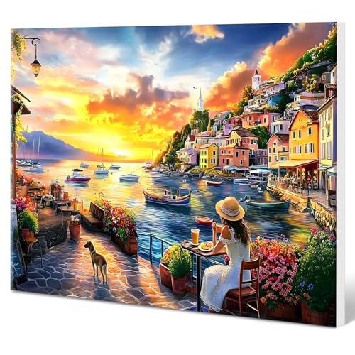 MXJSUA Küstenstadt Malen Nach Zahlen Erwachsene mit Rahmen, DIY Handgemälde Ölgemälde Kit für Anfänger Mit 3 Pinseln und Acrylfarbe Knitterfreie Leinwand Kit für Home Haus Deko 30x40cm von MXJSUA