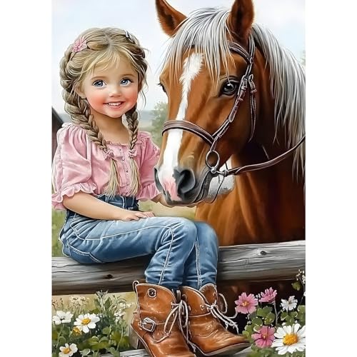 MXJSUA Mädchen und Pferd Diamond Painting Erwachsene, 5D Diamant Painting Bilder Anfänger, DIY Runder Vollbohrer Diamanten Malerei Stickerei Kreuzstich Geschenke Home Wand Dekor 30x40cm von MXJSUA