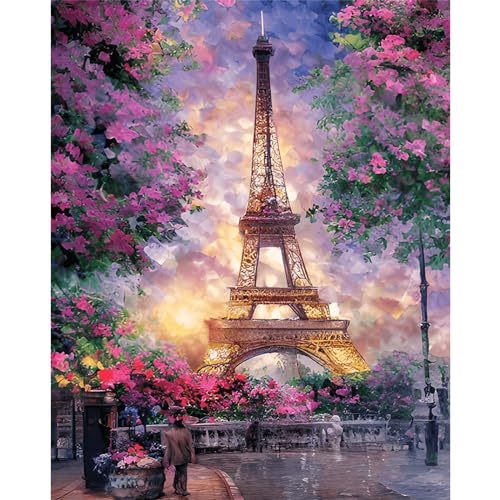 MXJSUA Eiffelturm Malen nach Zahlen Erwachsene, DIY Handgemalt Ölgemälde Kit 40x50cm, Paint by Numbers Adult Mit 3 Pinseln und Acrylfarbe Leinwand Kit, Geschenke und Home Haus Deko von MXJSUA