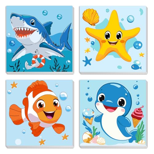 MXJSUA Meerestiere Hai 4er-Pack Malen-Nach-Zahlen-Set Für Kinder Mit Rahmen, Malen-Nach-Zahlen Für Alter 6-8-12, Tiere Auf Leinwand, DIY Acryl-Ölfarben Für Heimwanddekoration Geschenk 20x20cm von MXJSUA