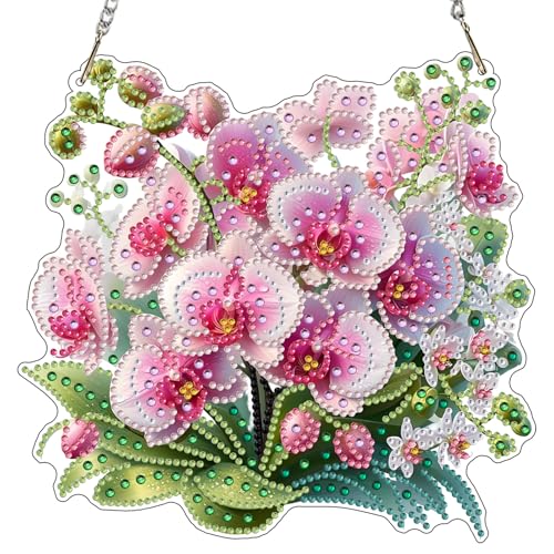 MXJSUA Orchideen Diamond Painting Anhänger mit Kette Erwachsene, Diamant Painting Fensterbilder Hängende Ornament Bastelset Set für Wand Und Eingang Decor 20x20CM von MXJSUA