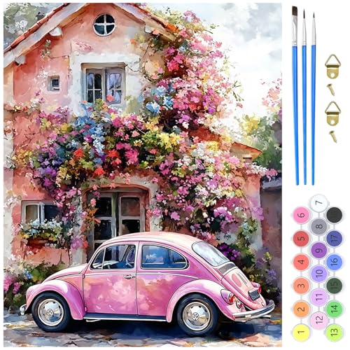 MXJSUA Rosa Blumen Auto Malen nach Zahlen Erwachsene, DIY Handgemalt Ölgemälde Kit - 40x50 CM, Paint by Numbers Adult Mit 3 Pinseln und Acrylfarbe Leinwand Kit, Geschenke und Home Haus Deko von MXJSUA