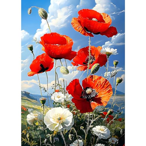 MXJSUA Rote Mohnblumen Diamond Painting Erwachsene, 5D Diamant Painting Bilder Anfänger, DIY Runder Vollbohrer Diamanten Malerei Stickerei Kreuzstich Geschenke Home Wand Dekor 30x40cm von MXJSUA