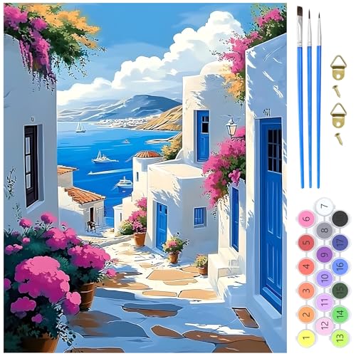 MXJSUA Santorini Malen nach Zahlen Erwachsene, DIY Handgemalt Ölgemälde Kit - 40x50 CM, Paint by Numbers Adult Mit 3 Pinseln und Acrylfarbe Leinwand Kit, Geschenke und Home Haus Deko von MXJSUA
