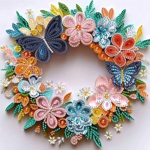 MXJSUA Schmetterlingsblumen Diamond Painting Speziell Geformtes, Blumenkranz Diamond Painting Erwachsene, Diamant Painting Bilder, DIY 5D Diamond Painting Set für Wand Dekor 30x30cm von MXJSUA