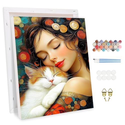 MXJSUA Schöne Frau Katze Malen Nach Zahlen Erwachsene mit Rahmen, DIY Handgemälde Ölgemälde Kit für Anfänger Mit 3 Pinseln und Acrylfarbe Knitterfreie Leinwand Kit für Home Haus Deko 30x40cm von MXJSUA