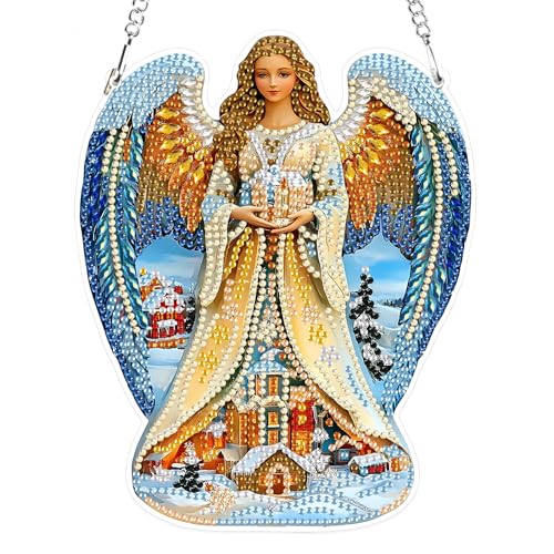 MXJSUA Segnender Hausengel Diamond Painting Anhänger mit Kette Erwachsene, Diamant Painting Fensterbilder Hängende Ornament Bastelset Set für Wand Und Eingang Decor 15.8x19.8CM von MXJSUA