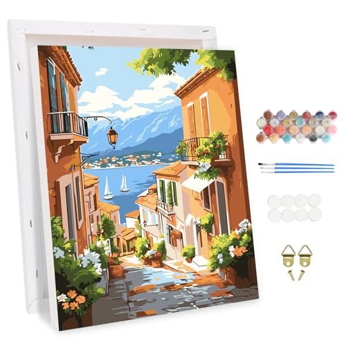 MXJSUA Stadtstraße mit Meerblick Malen Nach Zahlen Erwachsene mit Rahmen, DIY Handgemälde Ölgemälde Kit für Anfänger Mit 3 Pinseln und Acrylfarbe Knitterfreie Leinwand Kit für Home Haus Deko 30x40cm MXJSUA Stadtstraße mit Meerblick Malen Nach Zahlen Erwachsene mit Rahmen, DIY Handgemälde Ölgemälde Kit für Anfänger Mit 3 Pinseln und Acrylfarbe Knitterfreie Leinwand Kit für Home Haus Deko 30x40cm von MXJSUA