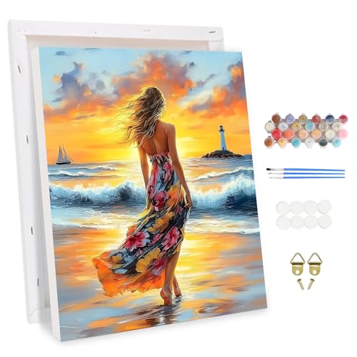 MXJSUA Strand Schöne Frau Malen Nach Zahlen Erwachsene mit Rahmen, DIY Handgemälde Ölgemälde Kit für Anfänger Mit 3 Pinseln und Acrylfarbe Knitterfreie Leinwand Kit für Home Haus Deko 30x40cm von MXJSUA