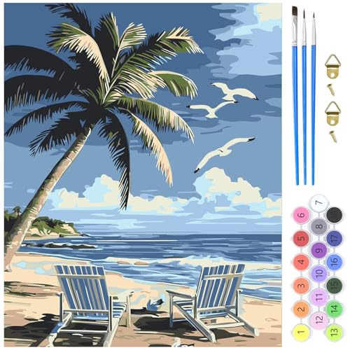 MXJSUA Malen nach Zahlen Erwachsene, Strandstühle DIY Handgemalt Ölgemälde Kit 40x50cm, Paint by Numbers Adult Mit 3 Pinseln und Acrylfarbe Leinwand Kit, Geschenke und Home Haus Deko von MXJSUA