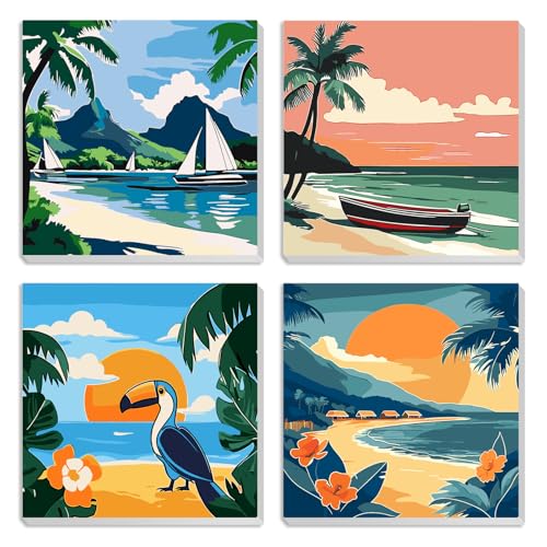 MXJSUA Strand-Meerblick 4er-Pack Malen-Nach-Zahlen-Set Für Kinder Mit Rahmen, Malen-Nach-Zahlen Für Alter 6-8-12, Strand-Meerblick Auf Leinwand, DIY Acryl-Ölfarben Für Heimwanddekoration 20x20cm von MXJSUA