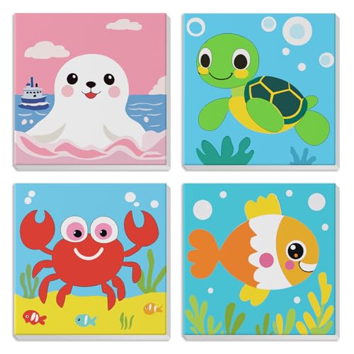 MXJSUA Süße Meerestiere 4er-Pack Malen-Nach-Zahlen-Set Für Kinder Mit Rahmen, Malen-Nach-Zahlen Für Alter 6-8-12, Süße Meerestiere Auf Leinwand, DIY Acryl-Ölfarben Für Heimwanddekoration 20x20cm von MXJSUA
