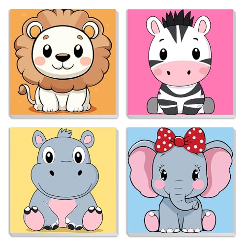 MXJSUA Süße Zeichentricktiere 4er-Pack Malen-Nach-Zahlen-Set Für Kinder Mit Rahmen, Süße Zeichentricktiere Malen-Nach-Zahlen Für Alter 6-8-12, DIY Acryl-Ölfarben Für Heimwanddekoration 20x20cm von MXJSUA