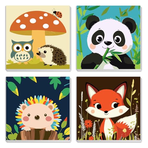 MXJSUA Süßes Tier Panda 4er-Pack Malen-Nach-Zahlen-Set Für Kinder Mit Rahmen, Malen-Nach-Zahlen Für Alter 6-8-12, Tiere Auf Leinwand, DIY Acryl-Ölfarben Für Heimwanddekoration Geschenk 20x20cm von MXJSUA