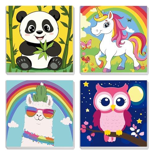 MXJSUA Süßes Zeichentricktier Panda 4er-Pack Malen-Nach-Zahlen-Set Für Kinder Mit Rahmen, Malen-Nach-Zahlen Für Alter 6-8-12, DIY Acryl-Ölfarben Für Heimwanddekoration Geschenk 20x20cm von MXJSUA