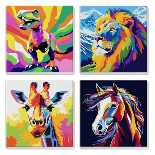 MXJSUA Tiere 4er-Pack Malen-Nach-Zahlen-Set Für Kinder Mit Rahmen, Malen-Nach-Zahlen Für Alter 6-8-12, Tiere Auf Leinwand, DIY Acryl-Ölfarben Für Heimwanddekoration 20x20cm von MXJSUA