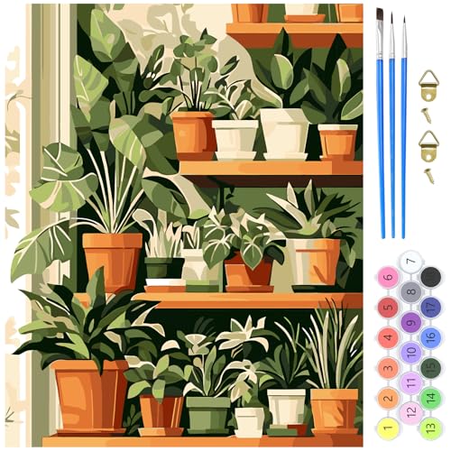 MXJSUA Malen nach Zahlen Erwachsene, Topfpflanzen DIY Handgemalt Ölgemälde Kit 40x50cm, Paint by Numbers Adult Mit 3 Pinseln und Acrylfarbe Leinwand Kit, Geschenke und Home Haus Deko von MXJSUA