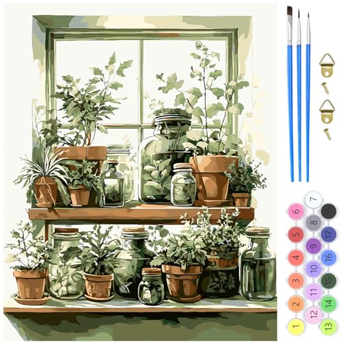 MXJSUA Topfpflanzen Malen nach Zahlen Erwachsene, DIY Handgemalt Ölgemälde Kit - 40x50 CM, Paint by Numbers Adult Mit 3 Pinseln und Acrylfarbe Leinwand Kit, Geschenke und Home Haus Deko von MXJSUA