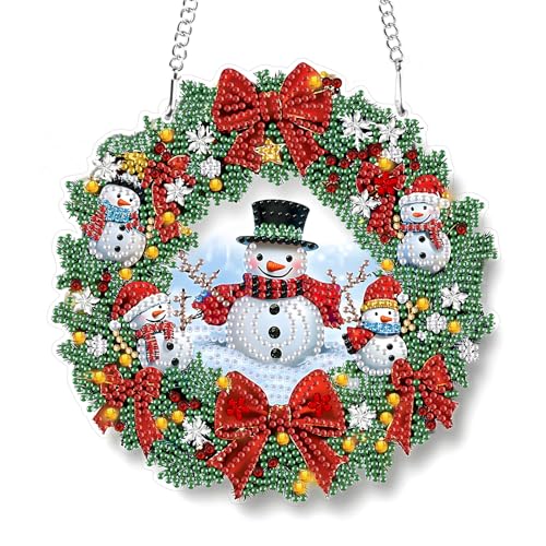 MXJSUA Weihnachts-Schneemann-Kranz Diamond Painting Anhänger mit Kette Erwachsene, Diamant Painting Fensterbilder Hängende Ornament Bastelset Set für Wand Und Eingang Decor 19.4x19.4CM von MXJSUA