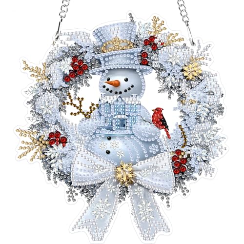 MXJSUA Weihnachts-Schneemann-Kranz Kardinal Diamond Painting Anhänger mit Kette Erwachsene, Diamant Painting Fensterbilder Hängende Ornament Bastelset Set für Wand Und Eingang Decor 18.4x19.9CM von MXJSUA
